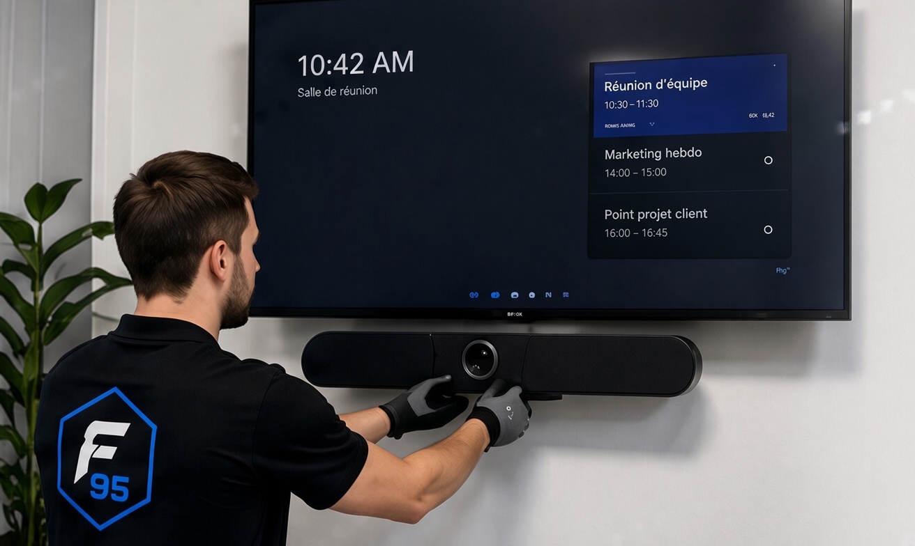 Technicien installant un écran et une barre de visioconférence