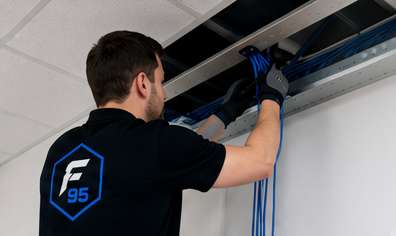 Technicien réalisant un tirage de câble RJ45